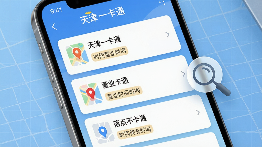 手机屏幕显示“天津一卡通”网点列表页面,每条记录配有地图定位图标和营业时间标签,背景为淡蓝色网格纹理,画面右侧悬浮一个放大镜图标,整体采用简洁卡片式排版,风格清爽现代,细节清晰,画质干净无噪点