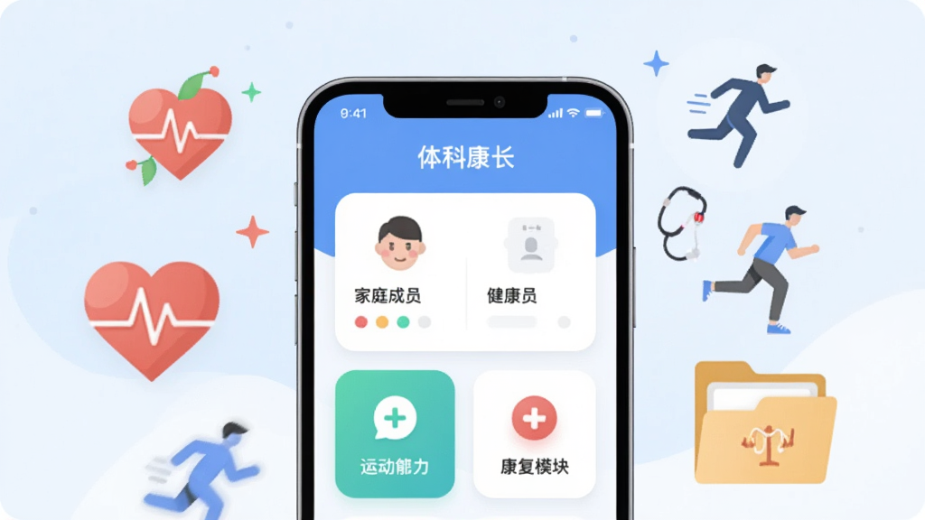 画面主体为一部智能手机,屏幕中央展示“体科康长”应用主界面,界面包含家庭成员健康卡片与运动康复模块图标,手机周围环绕心率图标、运动小人、健康档案文件夹等扁平化元素,整体采用居中对称布局,背景为浅蓝到白色的柔和渐变,风格为现代扁平化UI插画,细节上突出界面卡片圆角与图标层次,画质清晰干净,无多余元素
