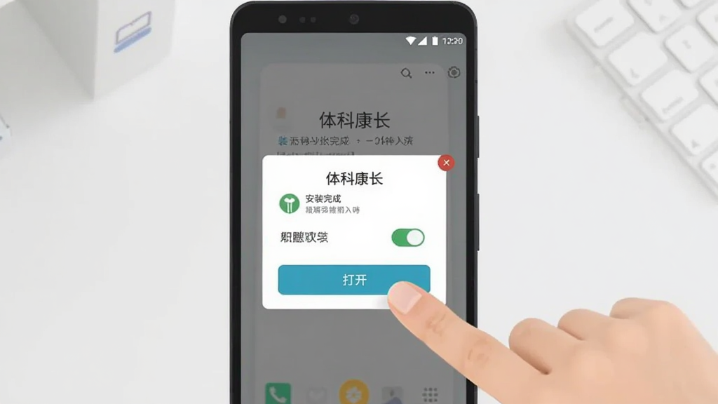 画面主体为一部安卓手机屏幕显示“体科康长”安装完成界面,旁边有一位用户手指正点击“打开”按钮,背景为简洁的浅灰色桌面,布局为手机居中放大、手指从右侧伸入,风格为扁平化操作示意图,细节上突出安装完成弹窗与权限开关图标,画质清晰干净,无多余元素