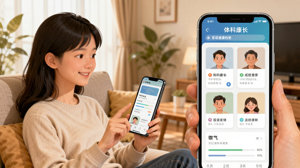 画面主体为一位年轻用户坐在沙发上使用手机,手机屏幕显示“体科康长”家庭健康档案页面,页面中有多个家庭成员头像卡片,背景为温馨客厅场景,布局为人物居左、手机界面居右的对比构图,风格为温暖写实插画,细节上体现界面中档案卡片与数据条,画质清晰干净,无多余元素