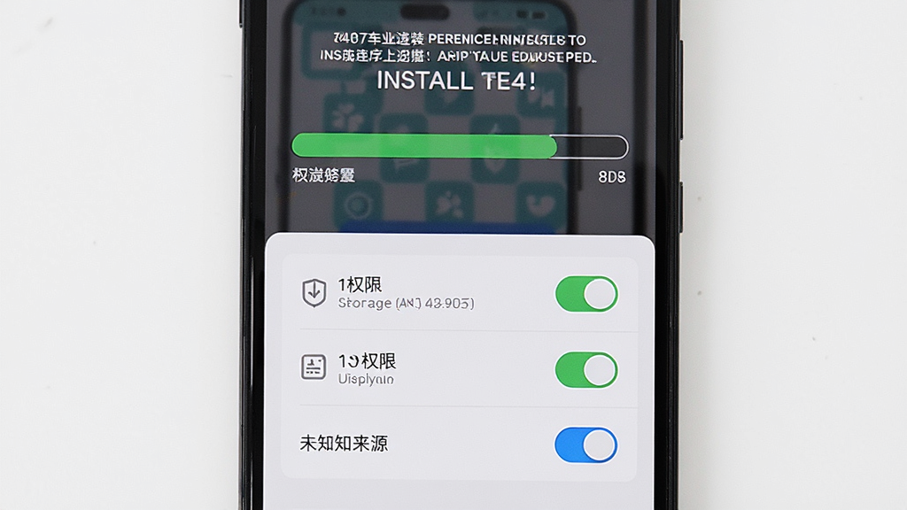 主体为手机屏幕显示游戏安装进度条与权限设置界面,布局为竖版手机界面构图,排版上方为安装提示文字、下方为权限开关列表,风格为简洁科技UI风格,细节包括存储权限、显示权限、未知来源开关,画质高清、干净、无多余元素