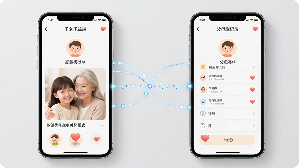 欧德优伴家庭关怀模式展示,画面为两部手机并排,左侧显示子女端查看界面,右侧显示父母端记录界面,中间有数据连接线条,背景为浅灰色,布局对称,风格温和亲切,细节包含头像与心形图标,画质高清,干净无多余装饰