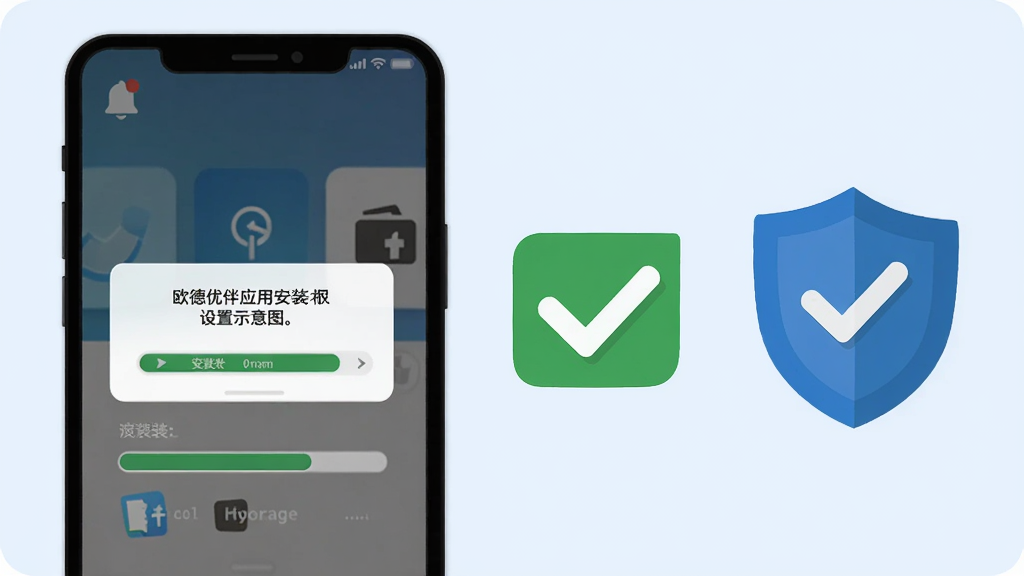 欧德优伴应用安装与权限设置示意图,画面为手机屏幕显示权限弹窗与安装进度条,旁边配有勾选图标与盾牌安全标识,背景为淡蓝色,布局居中,风格扁平化信息图,细节包含通知铃铛与存储图标,画质清晰,干净无杂乱