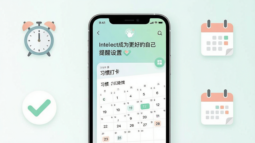 一张展示个性化提醒与习惯养成功能的界面示意图,画面中手机屏幕显示“Intellect成为更好的自己”的提醒设置页面与习惯打卡日历,周围有闹钟、对勾与日历图标点缀。风格简约清新,色彩柔和,布局清晰,画质细腻,干净整洁。