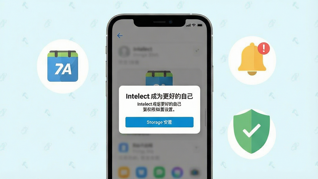 一张展示手机应用安装与权限设置场景的示意图,画面中手机屏幕显示“Intellect成为更好的自己”的权限请求弹窗,旁边有存储空间图标、通知铃铛与安全盾牌元素。风格简洁明快,色彩清爽,布局直观,细节清晰,画质干净,无多余装饰。
