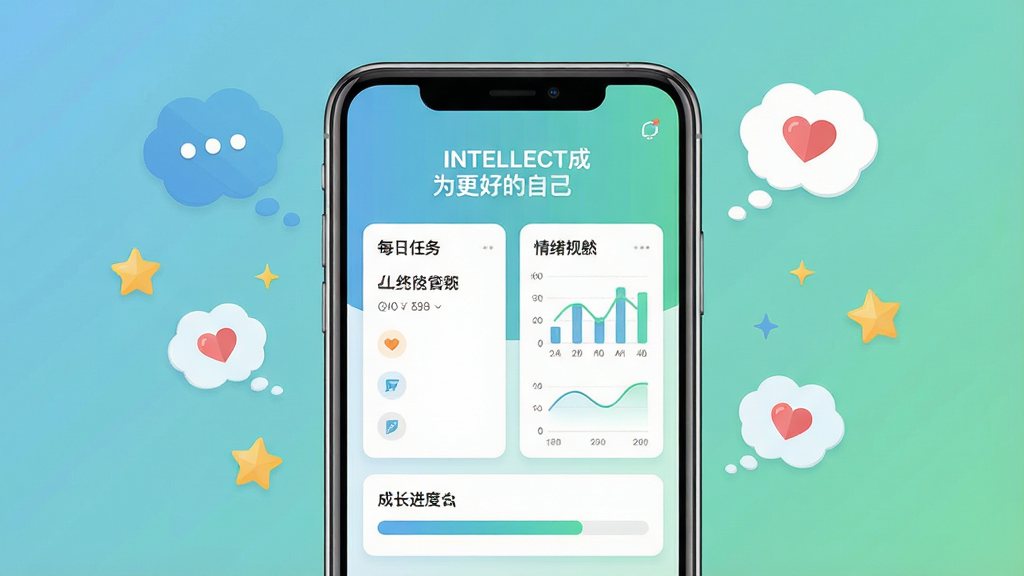 一张展示个人成长主题的手机应用界面,画面中央是一部智能手机,屏幕上显示“Intellect成为更好的自己”应用的主页,包含每日任务卡片、情绪追踪图表与成长进度条。背景为柔和渐变蓝绿色调,周围漂浮着抽象的思维气泡、爱心与星星图标。整体风格清新现代,扁平化设计,细节精致,画质清晰,干净无多余元素。