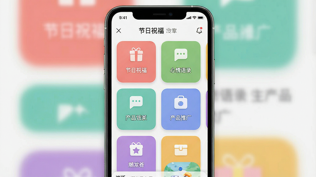 一张展示朋友圈文案助手软件主界面的手机屏幕截图,画面中央是手机竖屏展示,屏幕内呈现软件首页的文案分类卡片布局,包含节日祝福、心情语录、产品推广等彩色图标,整体排版简洁明快,风格清新现代,细节包括圆角卡片和柔和阴影,画质清晰干净,无多余元素