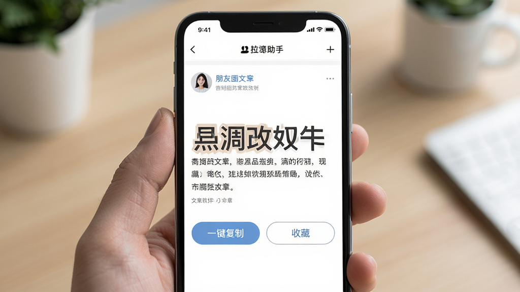 手机屏幕展示朋友圈文案助手软件的文案详情页面,画面中央是一条文案内容配有大字号显示,下方设有一键复制和收藏按钮,整体排版留白舒适,风格清爽简洁,细节包括按钮的圆角设计和图标,画质清晰干净