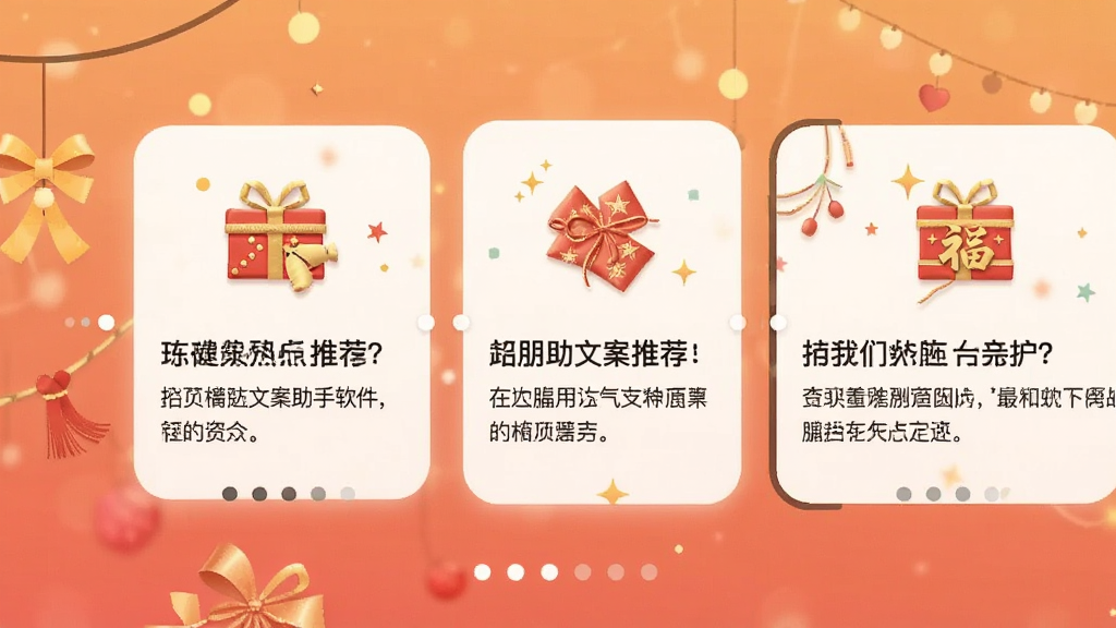 朋友圈文案助手软件首页推荐区域截图,画面展示手机屏幕中节日热点文案推荐卡片横向滑动布局,卡片上带有节日图标和文案预览,整体风格温馨应景,排版灵动,细节包括滑动指示点和渐变背景,画质清晰干净无多余装饰