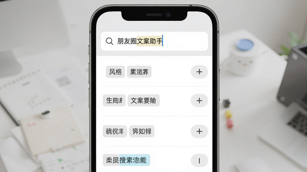 朋友圈文案助手软件搜索功能界面截图,画面展示手机屏幕中搜索框输入关键词后弹出的文案结果列表,列表项带有风格标签和复制按钮,排版清晰,风格简约现代,细节包括搜索图标和高亮关键词,画质干净清晰