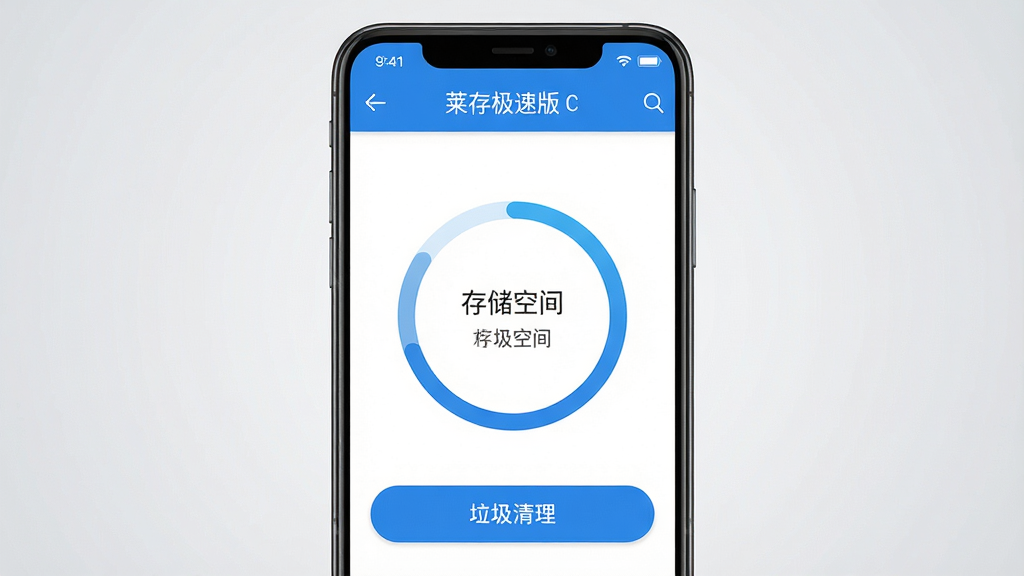 一张展示莱存极速版软件主界面的手机屏幕效果图,画面中央是一部竖屏安卓手机,屏幕内显示存储空间环形进度条与垃圾清理按钮,界面风格清爽简洁,以蓝白配色为主,背景为浅灰色渐变,整体构图居中对称,细节清晰,画质干净锐利,无多余装饰元素