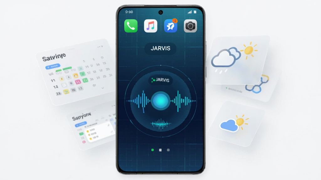 ����������һ��������׿�ֻ�����Ļ������ʾJARVIS��������Բ���������ν��棬�������䱳����������ɫ��Ч�����ֲ��þ��жԳƹ�ͼ���ֻ�����Ư����͸���ճ̿�Ƭ������ͼ�ꣻ�Ű��࣬�Ϸ����׷���Ӧ��ͼ�ꣻ���Ϊ�Ƽ���UI����ͼ��ϸ�ڰ�������߿�ϸ�����񡢰�͸�������ʸ���壻���ʸ����������ɾ��޶���Ԫ�أ�ͼƬ������Ϊ��JARVIS��