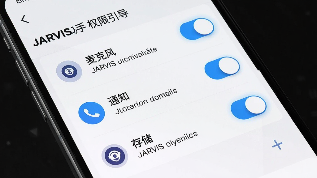 ��������Ϊ�ֻ���ĻչʾJARVIS����Ȩ����������ҳ��ҳ���г���˷硢֪ͨ���洢����Ȩ�޿��أ�����Ϊ�����б���ÿ����ͼ����˵�����֣��Ű����������ؿؼ����������Ϊ�ƶ���UI����չʾ��ϸ�ڰ���Ȩ��ͼ�ꡢ˵�����֡�JARVIS Ȩ�������������ʸɾ��������޶���Ԫ��