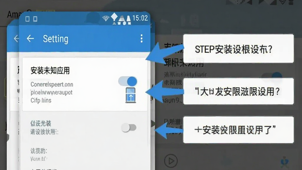 一张手机游戏安装权限设置界面的示意图,画面展示安卓手机设置中的