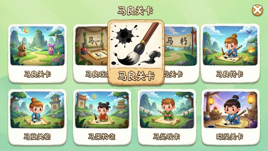 游戏关卡选择界面截图,画面展示多个关卡卡片以网格形式排列,每张卡片上有不同的场景缩略图与关卡名称,其中一张卡片上画着毛笔与墨迹图案并标注