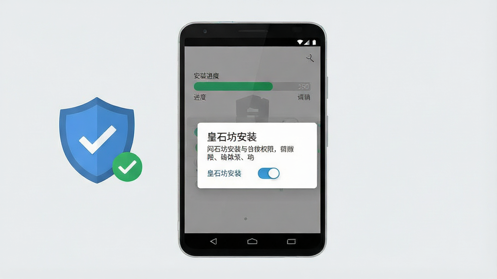 手机应用安装界面示意图,画面为安卓手机屏幕显示安装进度条与权限提示弹窗,旁边有盾牌图标与勾选标记,背景为浅灰色;布局为居中展示,风格为扁平化信息图,细节包括进度条、权限开关与文字