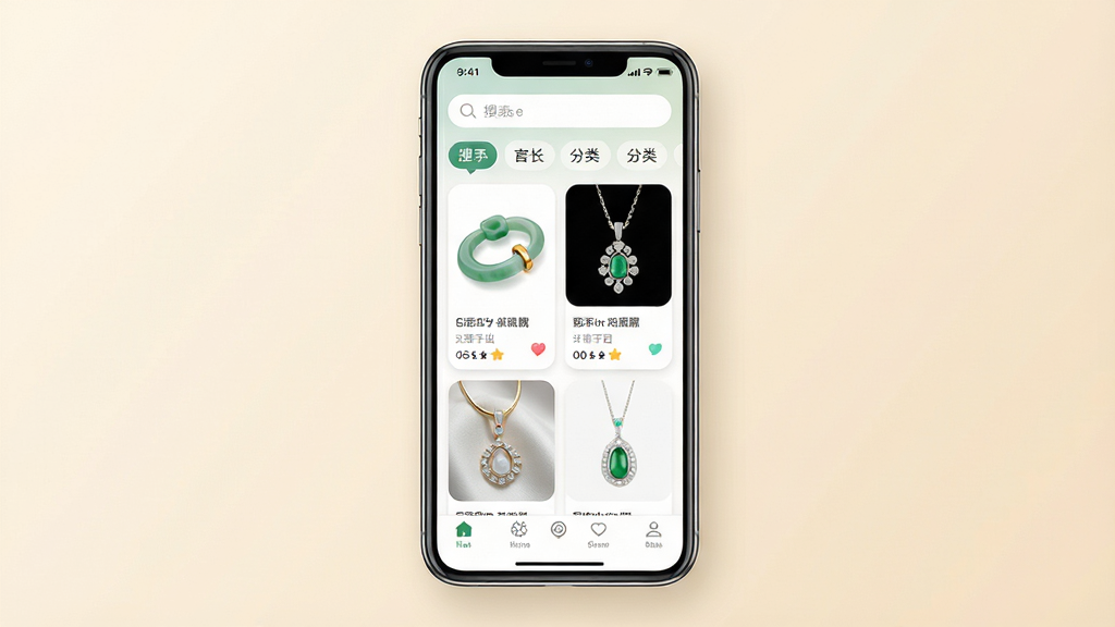 手机应用界面展示,画面中央是一部竖屏智能手机,屏幕上显示珠宝玉石类APP首页,顶部为搜索栏与分类标签,中部为翡翠手镯与吊坠的卡片式商品列表,底部为导航栏;整体布局居中对称,背景为浅米色渐变,风格为现代简洁的移动端UI展示,细节包括圆角卡片、柔和阴影与清晰图标,画质高清,干净,无多余元素