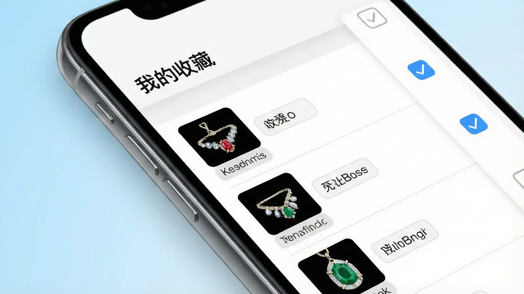 手机屏幕特写,显示收藏列表页面,列表中排列着多张珠宝缩略图与名称标签,右侧有对比勾选框,屏幕上方显示