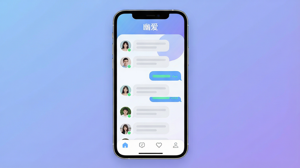 一张展示社交聊天应用界面的手机屏幕构图,画面正中是一部竖屏智能手机,屏幕内呈现简洁的聊天列表与好友头像排版,背景为柔和的渐变蓝紫色调,风格清新现代,细节包括圆角图标、消息气泡与底部导航栏,画质清晰干净,无多余元素,屏幕上方以简洁字体显示“幽爱”字样