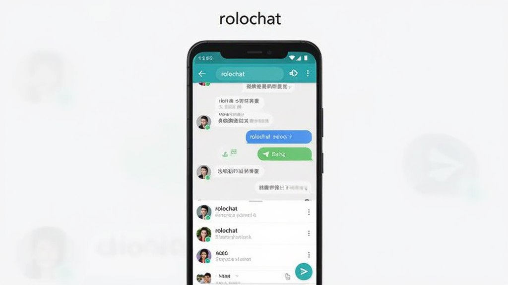 画面主体是一部竖屏安卓手机,屏幕中央显示rolochat聊天界面,包含对话气泡与联系人列表;布局为手机居中、左右留白;排版上软件名称“rolochat”以简洁字体置于画面上方;风格为现代扁平化UI展示风;细节包含浅色背景、圆角气泡、头像图标与发送按钮;画质清晰干净,无多余元素