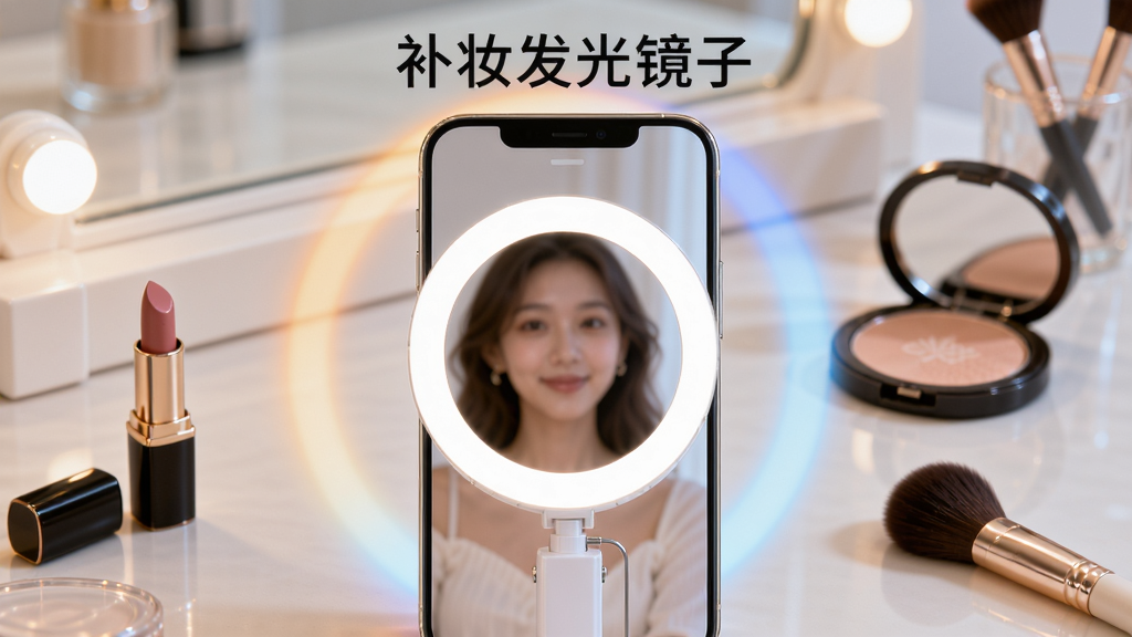 画面中央是一部竖屏智能手机,手机屏幕显示明亮的圆形补光镜面效果,镜面中映出柔和的人像轮廓,手机周围环绕着暖色与冷色交替的光晕,背景为浅色梳妆台桌面,桌面上摆放着口红、粉饼盒与化妆刷,整体布局简洁居中,风格清新明亮,细节表现镜面反光与光线渐变,画质清晰干净,无多余元素,图片上方写有“补妆发光镜子”字样