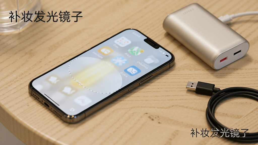 一部手机平放在桌面,屏幕显示发光镜面界面,旁边放着充电宝与数据线,背景为浅色木纹桌面,画面角落标注“补妆发光镜子”文字,风格生活化,细节表现手机屏幕光线与桌面物品摆放,画质清晰干净,无多余元素