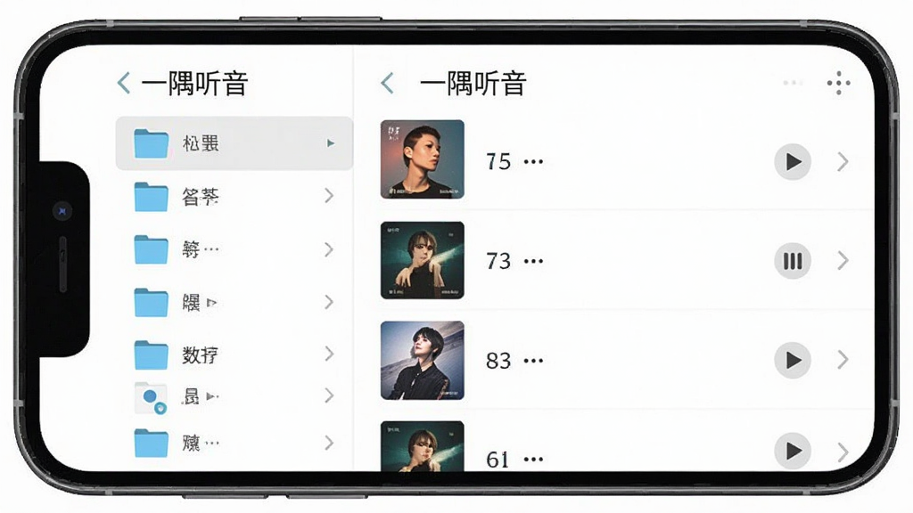 手机界面展示本地音乐管理页面,标题“一隅听音”位于顶部,画面左侧为文件夹分类列表,右侧为歌曲列表,布局清晰分栏,风格简约扁平化,细节包含专辑封面缩略图和播放按钮,画质清晰,干净无多余元素