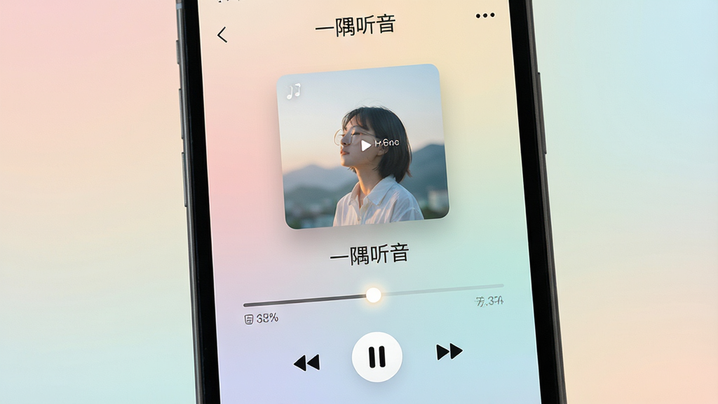 手机播放界面特写,屏幕中央显示“一隅听音”播放页,包含专辑封面、歌曲名、进度条和控制按钮,背景为柔和渐变,布局极简居中,风格清新安静,细节包含播放进度光效,画质细腻,干净无多余元素