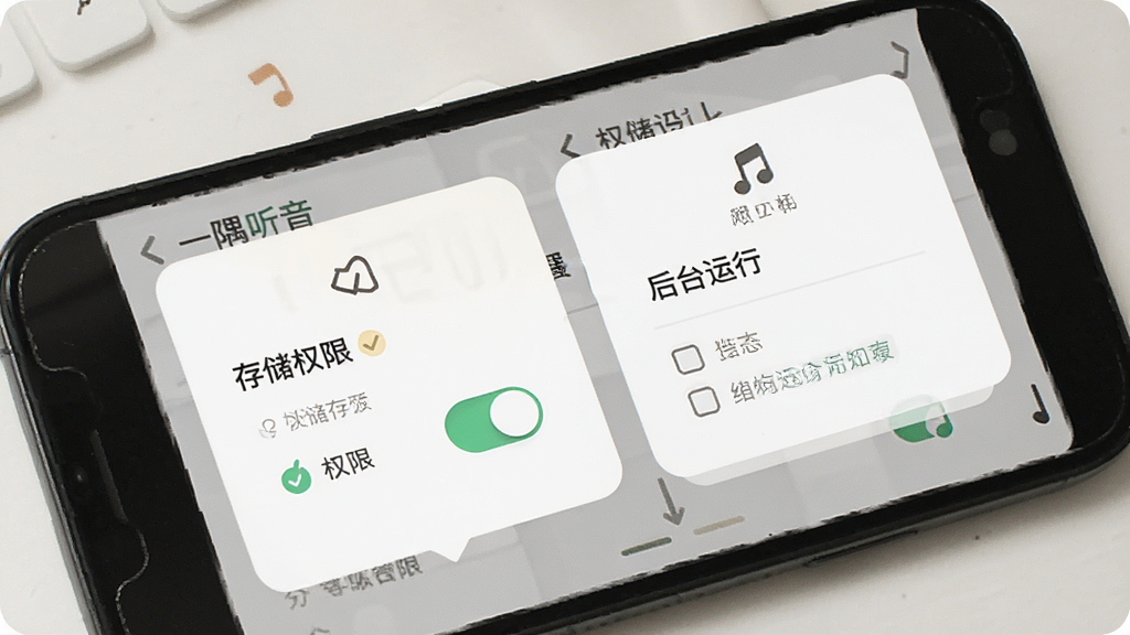 手机屏幕展示“一隅听音”权限设置引导页,画面包含存储权限开关和后台运行选项,布局为分步引导卡片,风格友好浅色,细节包含勾选图标和提示文字,画质清晰,干净无多余元素