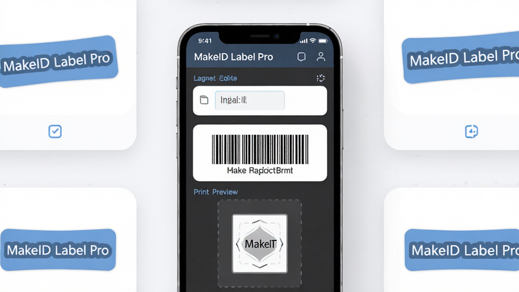 一张展示MakeID Label Pro软件界面的手机屏幕渲染图,画面中央是手机正视图,屏幕内显示标签编辑界面,包含文字输入框、条形码元素和打印预览区域,周围环绕几个已完成的小型标签样式卡片,整体采用浅色背景,布局干净整洁,风格为现代扁平化UI设计,细节包括圆角图标与清晰的功能分区,画质高清,画面干净,无多余元素