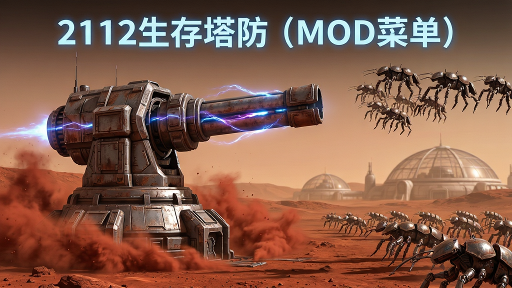 主体为一座未来感十足的星际防御炮塔矗立在火星红色荒原上,炮口朝向远方涌来的机械虫群,布局上炮塔居中偏左、敌群沿右下方向纵深延展,排版采用游戏宣传海报式构图,风格为写实科幻CG概念艺术,细节包括炮塔金属装甲纹理、能量光效、扬起的红色沙尘与背景中的穹顶基地轮廓,画质为4K高清、干净利落、无多余元素,画面中央上方以发光字体书写“2112生存塔防(MOD菜单)”