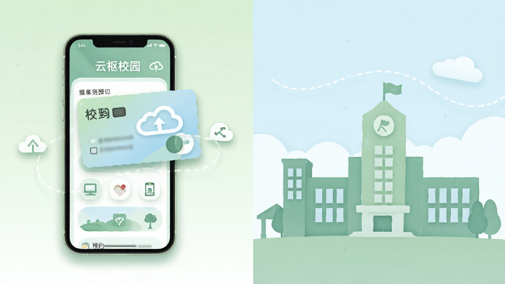 主体为一部手机展示校园卡与预约界面,旁边配有校园建筑剪影;布局为左手机右建筑;排版为左右分栏;风格为清新浅色插画风格;细节包括淡绿与浅蓝配色、简洁图标、柔和阴影;画质高清,画面干净,无多余元素,图中文字为