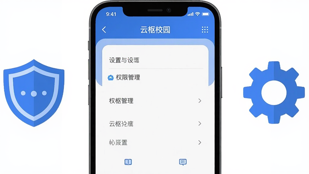 主体为一部手机屏幕显示设置与权限管理界面,旁边有盾牌与齿轮图标;布局为手机居中、图标点缀两侧;排版为简洁居中构图;风格为科技扁平风格;细节包括蓝色主调、白色背景、清晰文字标签;画质高清,画面干净,无多余元素,图中文字为
