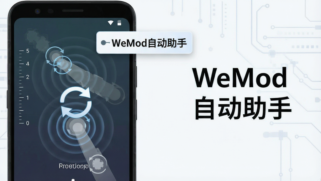 一张表现手机自动点击辅助功能的示意图,画面主体为一部安卓手机,屏幕上叠加了半透明的点击轨迹动画与循环箭头图标,旁边配有
