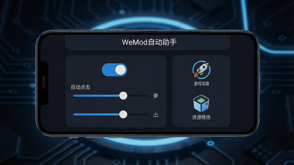 一张展示安卓手机游戏辅助工具界面的场景图,画面中央是一部智能手机,屏幕显示