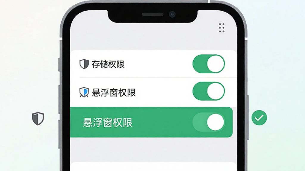一张表现手机应用权限设置界面的示意图,画面中一部手机屏幕显示设置列表,其中“存储权限”“悬浮窗权限”两个开关处于高亮状态,旁边配有盾牌与对勾图标,整体布局以手机屏幕为中心,风格扁平化,细节上开关按钮用绿色表示开启,背景为浅色渐变,画质清晰干净