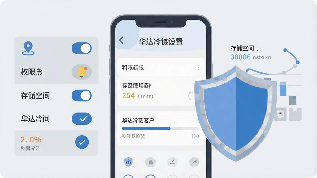 主体为手机屏幕特写,显示应用权限设置页面与安装进度条,旁边放置一把盾牌图标象征安全防护;布局为手机居中,左右两侧分别列出权限开关与存储空间示意;排版清晰直观;风格为扁平化插画风,浅灰与蓝色调;细节包括定位图标、通知铃铛、存储条与勾选标记;画质高清、干净、无多余元素,图片中文字为“骅达冷链客户”
