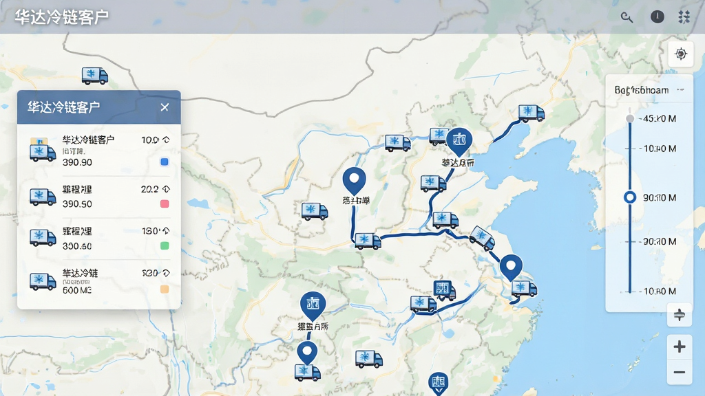 主体为电子地图界面居中显示,地图上标注多辆冷藏车图标与行驶轨迹线,左侧悬浮订单信息卡片,右侧为时间轴回放控件;布局为全屏地图铺底,信息卡片半透明叠加;排版信息层级分明;风格为扁平化数字地图风,浅色底图配深蓝轨迹;细节包括定位气泡、里程数字与时间刻度;画质高清、干净、无多余元素,图片中文字为“骅达冷链客户”