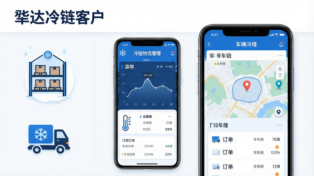 主体为一部智能手机居中放置,屏幕中显示冷链物流管理应用界面,包含温度曲线图、车辆定位地图与订单列表;布局采用左右分栏,左侧为冷库货架与冷藏车图标,右侧为手机界面放大展示;排版简洁清晰,上方留白放置标题区域;风格为现代科技商务风,蓝白冷色调为主;细节包括雪花图标、温度计刻度、GPS定位标记与数据卡片;画质高清、干净、无多余元素,图片中文字为“骅达冷链客户”