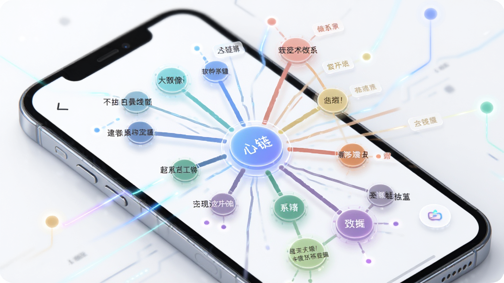 一张展示心链软件关系链图谱功能的示意图,画面中心为手机屏幕,屏幕内显示由圆形节点和连接线组成的关系网络图,节点带有不同颜色和名称标签,布局呈放射状分布,风格科技感与柔和感结合,细节包括连线粗细变化和节点光晕效果,画质清晰,干净无多余元素
