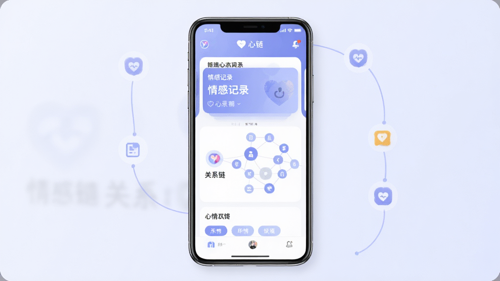 一张展示心链软件核心界面的手机应用截图,画面中央是手机屏幕,屏幕内显示心链应用的首页,包含情感记录卡片、关系链图谱和心情标签,整体布局简洁清晰,采用柔和的蓝紫色调,背景为浅色渐变,风格现代简约,细节包括图标、文字标签和连接线条,画质清晰,干净无多余元素