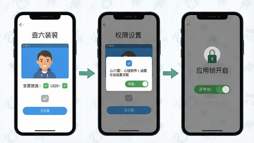 一张展示心链软件新手安装与设置流程的示意图,画面为手机屏幕分步骤展示,包含安装界面、权限设置弹窗和应用锁开启页面,布局为三屏并排展示,风格教学指导类扁平插画,细节包括勾选标记、箭头指引和设置开关,画质清晰,干净无多余元素