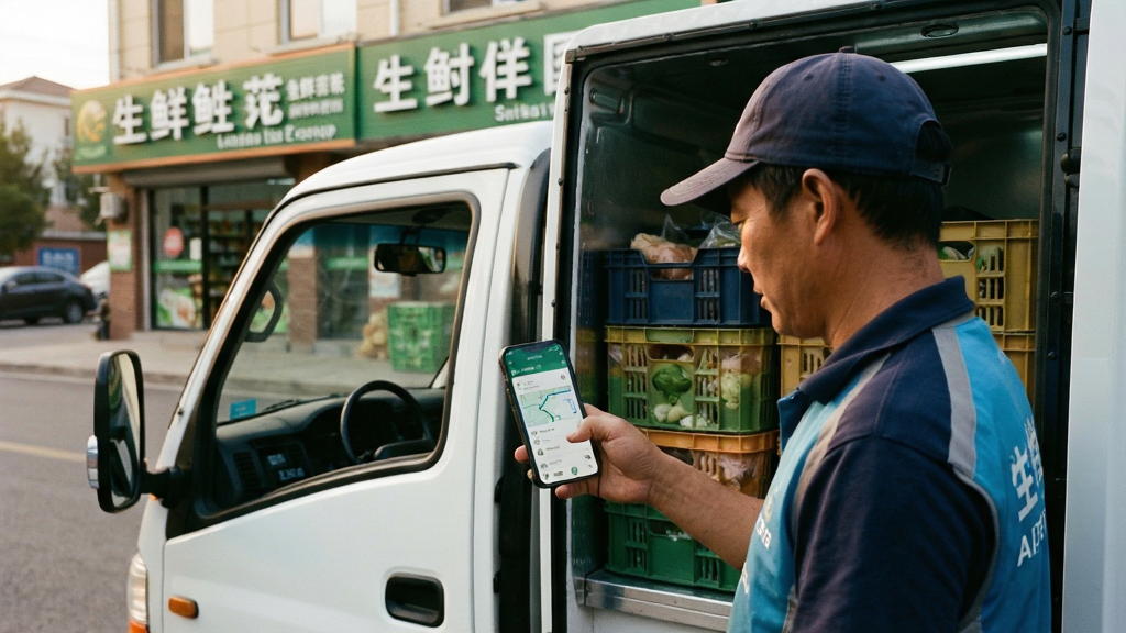 生图提示词:画面主体是一名配送司机站在小型冷藏车旁查看手机,手机屏幕上显示配送路线与订单列表;背景是清晨的社区街道与生鲜门店招牌,车厢内可见整齐码放的生鲜周转箱;风格为纪实摄影,光线为清晨自然光,色调温暖,构图简洁,画质清晰,无多余人物与杂物。
