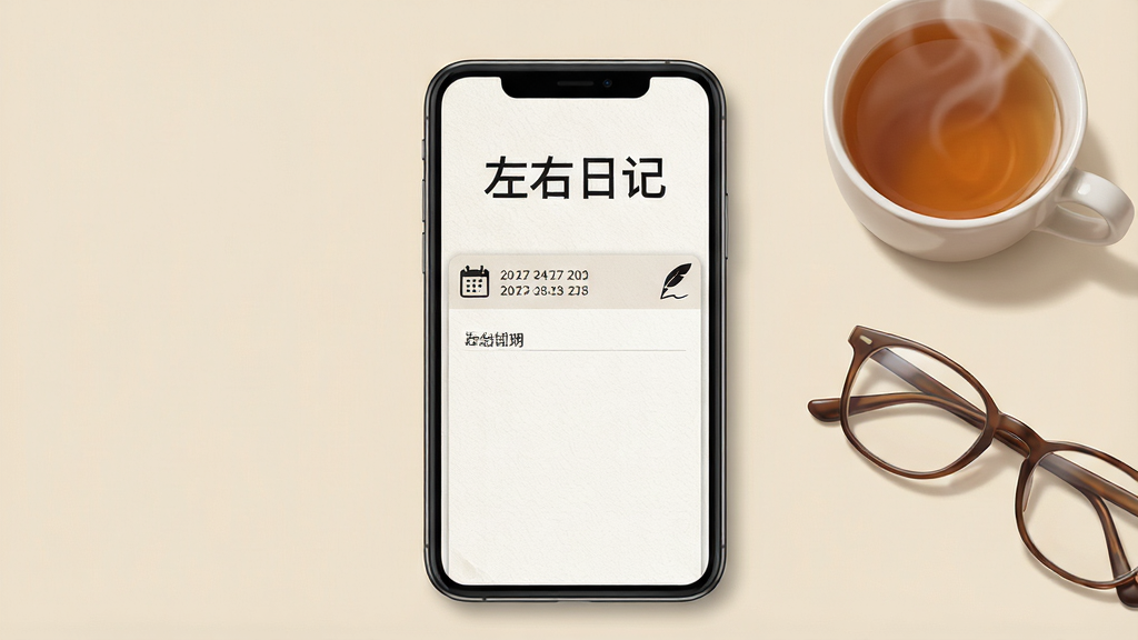 一张展示手机日记应用界面的场景图,画面中央是一部竖屏手机,屏幕上显示