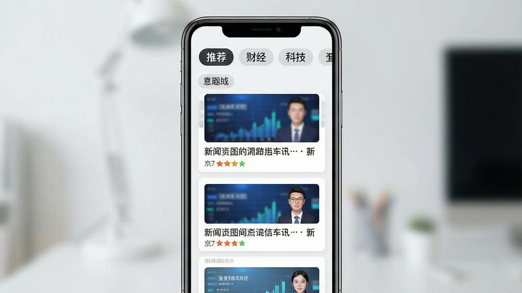 手机屏幕中展示个性化推荐信息流界面,多条新闻卡片按照兴趣标签分类排列,屏幕上方有“推荐”“财经”“科技”等频道标签栏,画面主体为手机与资讯卡片,布局居中对称,风格扁平化现代设计,细节清晰,画质高清,干净无多余元素