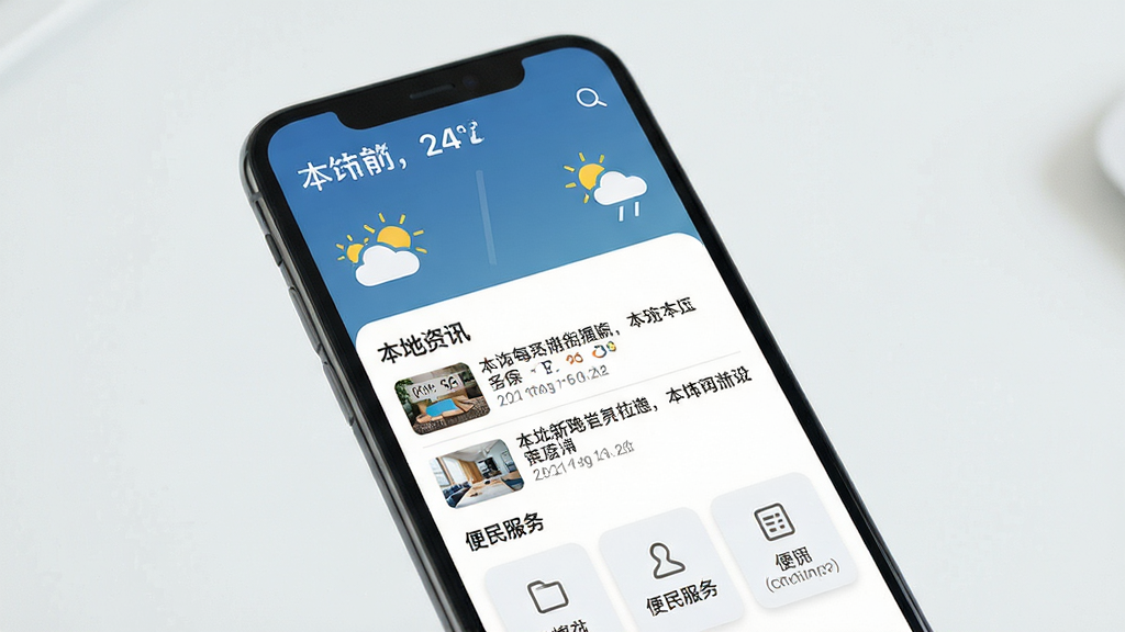 手机屏幕展示本地新闻频道界面,顶部显示城市名称与天气图标,下方为本地资讯列表与便民服务入口,画面主体为手机与本地信息卡片,布局清晰分区明确,风格清爽简洁,细节清晰,画质高清,干净无多余元素
