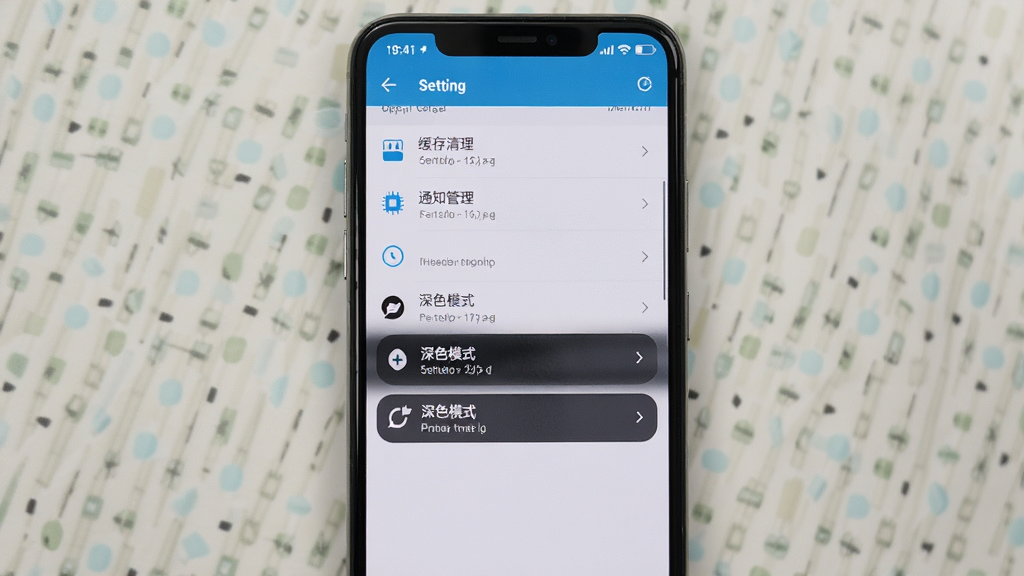 手机屏幕展示应用设置界面,包含缓存清理、通知管理、深色模式等选项列表,画面主体为手机与设置菜单,布局纵向排列清晰,风格简洁实用,细节清晰,画质高清,干净无多余元素