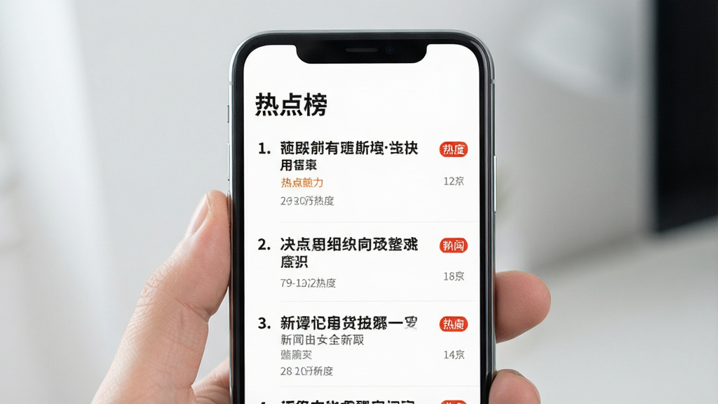 手机界面展示热点新闻榜单页面,顶部为“热点榜”标题,下方为带有序号的新闻条目列表,每条包含标题与热度标识,画面主体为手机与榜单列表,布局纵向排列,风格简洁明快,细节清晰,画质高清,干净无多余元素