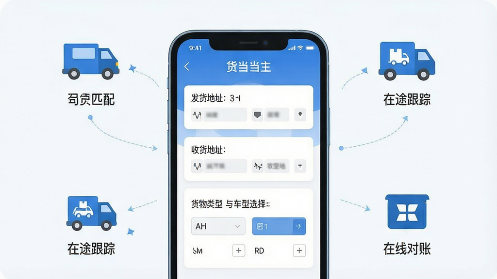 一张展示货当当货主手机应用界面的场景图,画面中央是一部竖屏智能手机,屏幕内显示货源发布页面,包含发货地址、收货地址、货物类型与车型选择等模块,手机周围以扁平化图标环绕表现司机匹配、在途跟踪、在线对账等概念,整体采用清爽蓝白配色,布局居中对称,风格为现代商务扁平插画,细节干净利落,画质清晰,无多余元素