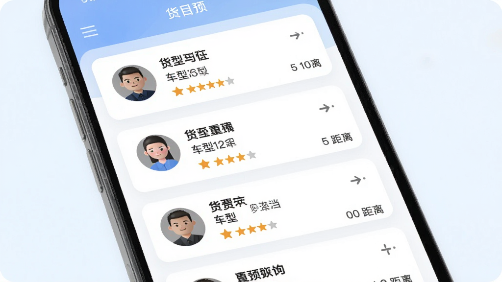 货当当货主应用内司机匹配列表页面预览图,画面主体为手机屏幕展示多位司机卡片信息,包含头像、车型、评分与距离等元素,背景为浅色渐变,布局采用上下分层结构,风格为简洁UI展示图,细节清晰,画质干净,无多余装饰